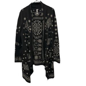 Monoreno Floral Embroidered Open Front Cardigan Black Lagenlook Womens M